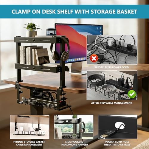 3 Tier Clamp on Desk Shelf,Desktop Organizer with Under Desk Hidden Basket - Image 6