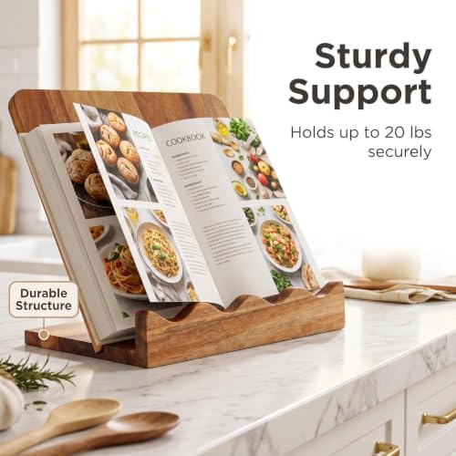 Scalloped Wooden Cookbook Stand for Kitchen Counter, 2 in 1 Recipe Book Holder & Charcuterie Board, Durable Serving Tray Easily Keeps Recipe and Cook Book Open - Image 5
