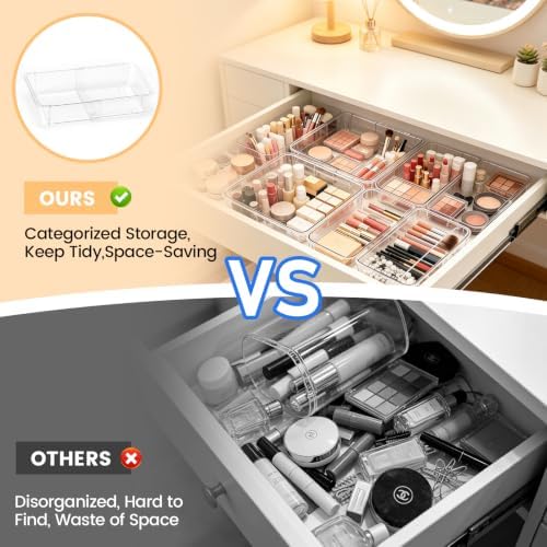 20PCS Clear Drawer Organizer Set, Expandable Acrylic Vanity Storage Bins, 2 Sizes Adjustable Plastic Junk Drawer Dividers, BPA-Free Non-Slip Stackable Organizers for Makeup, Bedroom, Office & Tools - Image 6