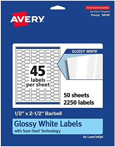 Avery® Glossy White Barbell Labels, Sure Feed® Technology, 0.5" x 2.5", 2,250 Glossy White Labels, Permanent Adhesive, Laser/Inkjet Printable by Avery