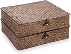 Hipiwe 2 Packs FLat Woven Wicker Basket Bin with Lid, Large Seagrass Baskes by Hipiwe