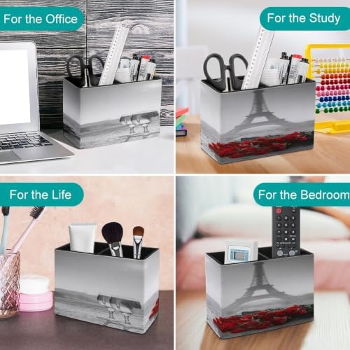 PU Leather Multi-Compartment Pen Holder Desktop Organizer Pencil Cup Storage Caddy for Office Home Supplies Wine Glass Rose Paris Paint - Image 4