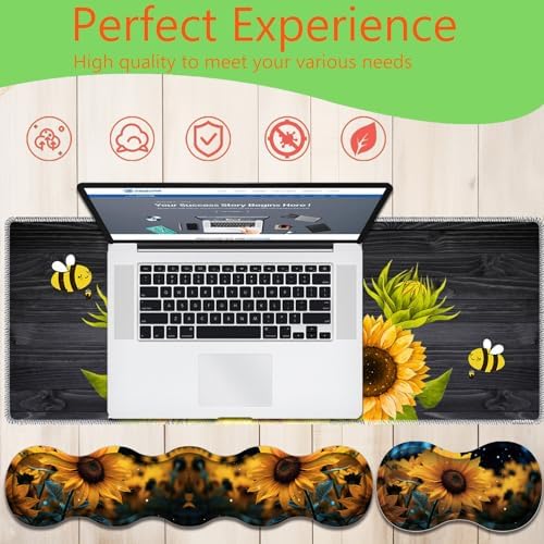 4 in 1 Mouse Pad Combo, Large Gaming Mouse Pad + Keyboard Wrist Support + Mouse Wrist Rest + Coaster, Table Pad with Stitched Edge Ergonomic Wrist Pad Set, Sunflower, You are My Sunshine - Image 7