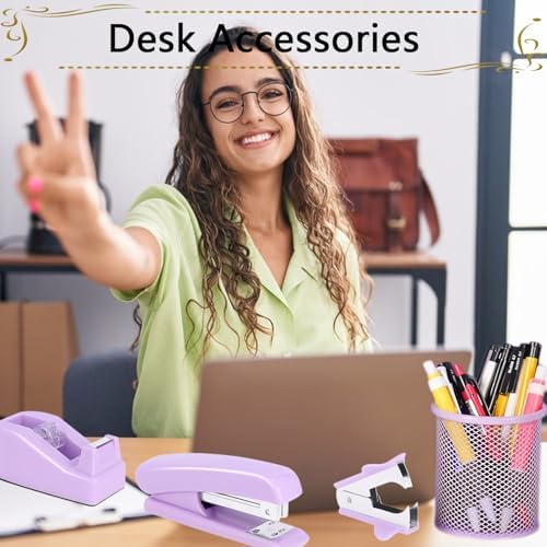 Office Supplies Set,Desk Accessories,Stapler And Tape Dispenser Set,Pen Holder,1000 Staples,Staple Remover,Hinder Clips,Ruler,Scissor,Index Tabs,Clear Tape,Ballpoint Pen,Sticky Notes,Coworkers(Purple) - Image 4