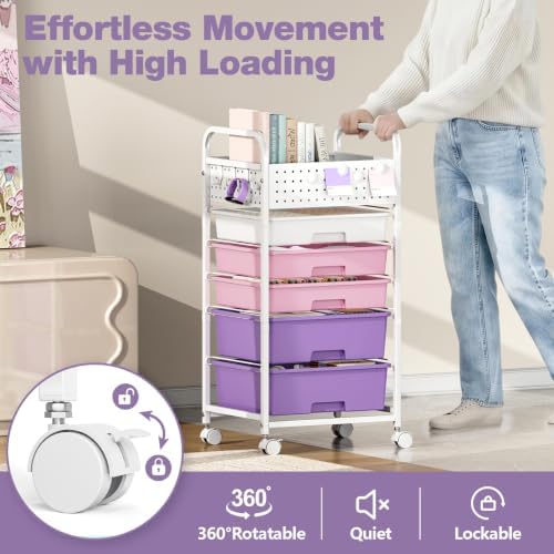 5 Drawer Rolling Storage Cart with Pegboard Top and Hooks, Dreamy Color - Image 5