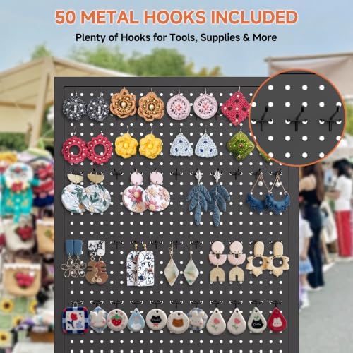 Peg Board Display Stand with Wheels,50 Hooks,2'x 5.5' - Black - Image 5