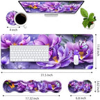 4 in 1 Ergonomic Memory Foam Mouse Pad Wrist Rest Set, Large XXL Gaming Desk Pad + Keyboard Wrist Rest + Mouse Wrist Cushion + Coaster for Home Office Study Gaming, Purple Flowers and Butterfly - Image 2