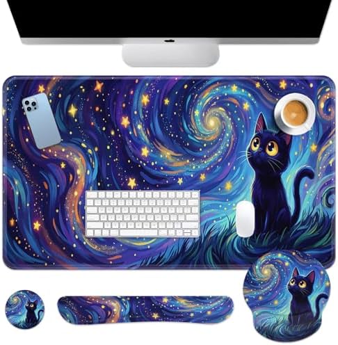 Arttown Keyboard Mouse Pad Set, 4 in 1 Desk Mat Set Cat Galaxy by Arttown