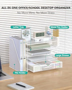 WALI Desk File Organizer, 5 Tier Desktop Paper Letter Tray Organizer with Drawer and 2 Pen Holders, Office Desk Accessories & Workspace Organizers for Office, Home Supplies(DO006DH-W), 1 Pack, White - Image 3