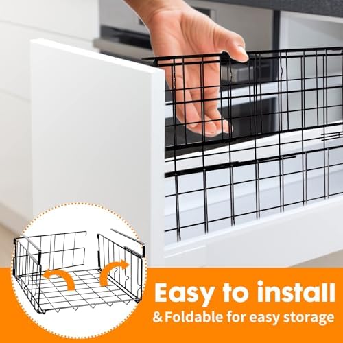 Hanging Under Shelf Storage Basket, 4 Pack Foldable Under Cabinet Metal Desk Storage Wire Rack Organizer for Kitchen Pantry Bookshelf Office Home, Easy to Install Slide-in Under Shelves (Black) - Image 4