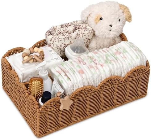 Wicker Diaper Caddy Organizer, Nursery Storage Basket for Diapers and Baby Wipes, Baby Essentials Organizer for Changing Table, Splinter Free Rattan Style (Tea Brown, L) by Klippehop