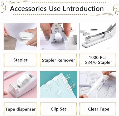 Office Supplies,Desk Accessories, Stapler and Tape Dispenser Set for Women with Stapler, Tape Dispenser, Staple Remover, Staples, Clips, Scissor and Tabs,Gift for Students, Coworkers - Image 2