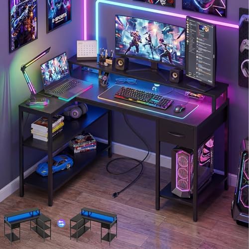 OLIXIS 47 Inch L Shaped Gaming Desk with LED Lights, Storage Shelves by OLIXIS