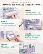 WALI Desk File Organizer, 6 Tier Desktop Paper Letter Tray Organizer with Drawer and 2 Pen Holders, Office Desk Accessories & Workspace Organizers for Office, Home Supplies(DO007DH-V), 1 Pack, Purple - Image 4