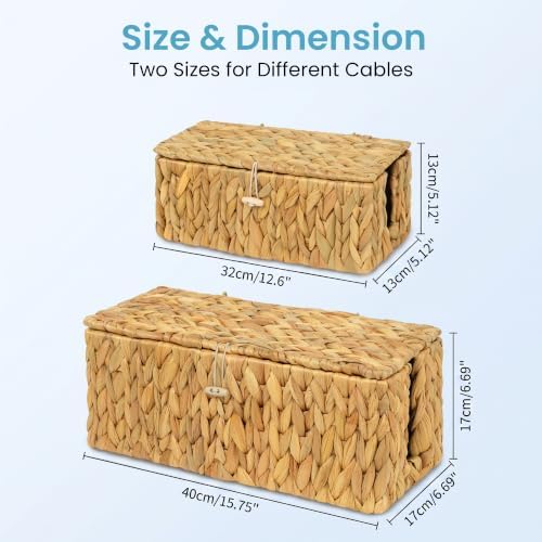 efluky 2 Pack Water Hyacinth Floor Cord Covers with Lid, Hand-woven Cable Management Box, 2 Open Slots Cord Box to to Hide USB Wire, Power Strip & Charger for Home & Office and Dorm, Natural - Image 2