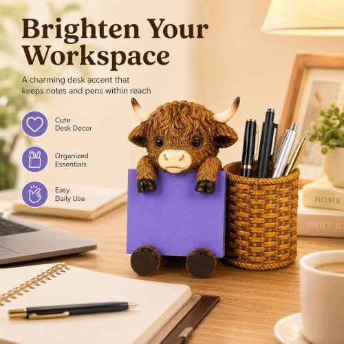 Highland Cow Note Pad Dispenser with Pen Cup, Desk Organizer - Image 2