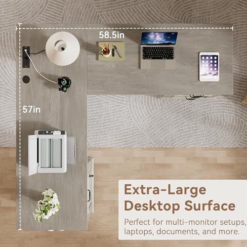 Jocoevol Farmhouse L Shaped Executive Desk with 4 Drawers and Charging Station, Wood Corner Home Office Computer Desk with File Cabinet Storage, Hidden Under Desk Storage Shelf, Headphone Hook - Grey - Image 3