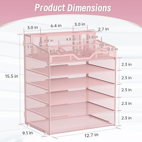 6 Tier Mesh Paper Desk Organizer with Pen Holders, Pink - Image 2