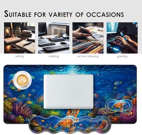 Large Keyboard Mouse Pad Set, Extended Mouse Pad+Keyboard Wrist Rest Support, Memory Foam Ergonomic Easy Typing, 4Pcs (31.5×11.8 in) Desk Pad Set for Office Home,Sea Turtle Swimming Underwater - Image 7