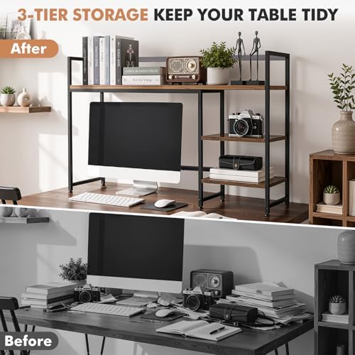 22" Desk Hutch for Computer Monitor - 3 Tier Wooden Shelf Organizer, Brown - Image 6