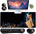 Large Gaming Mouse Pad+ Keyboard Wrist Rest Set, Ergonomics Memory Foam Mouse Mat Wrist Rest Support for Home Office, Waterproof Extended Mousepad 31.5x11.8in, Cute Red Fox Animal Black Desk Pad by YVBHCGGGF