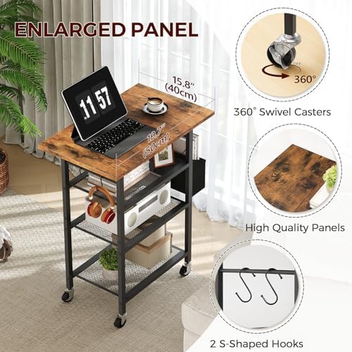 MAHANCRIS 4-Tier Printer Stand, Rolling Printer Table on Wheels, Industrial Storage Stand with Side Pocket, Wooden Tabletop, 2 S-Shaped Hooks, for Home Office, Rustic Brown and Black PTHR2601 - Image 4