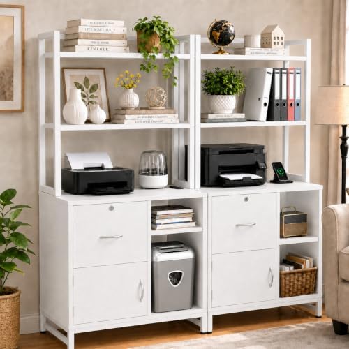Homieasy Vertical Filing Cabinet with Bookshelf for Home Office, White - Image 2
