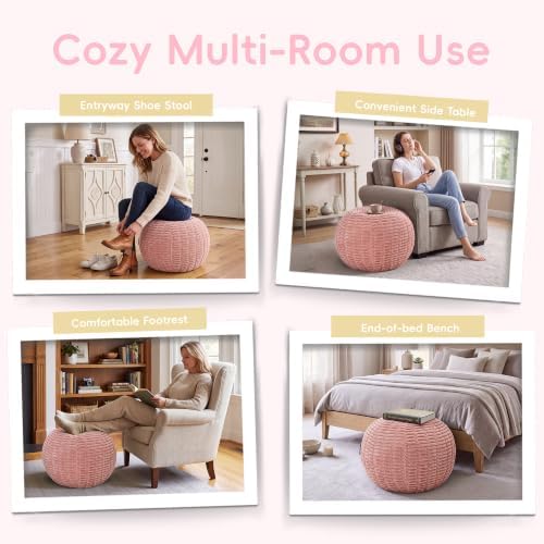 Hobestluk Stuffed Pouf Ottoman Footrest,Round Footstool,Handle,Large,Pink - Image 5
