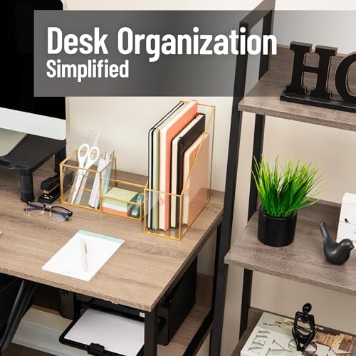 Mind Reader Vertical Glass File Holder with Copper Trim, Angled Magazine Organizer for Documents, Folders & Mail, Glass and Copper, Clear - Image 2