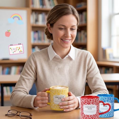 Pickmesh 6 Set Composition Book Mug with Heart Handle 10oz, Back to School Teacher Gift, Cute Teacher Mug Ceramic Coffee Cup, 6 Colors, Classroom Novelty Gift - Image 5
