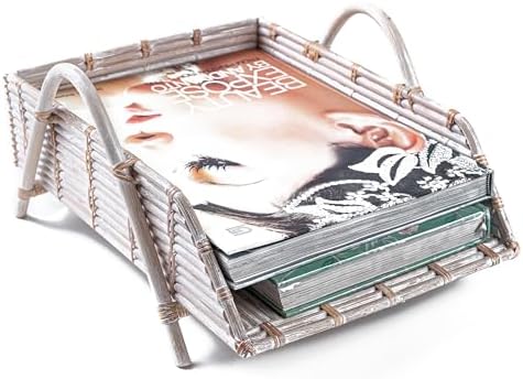 Rattan Inbox Tray for Desk, Made in Indonesia – 14x10.5x3.5 inch Handwoven Basket Organizer, Single Letter Tray with Sturdy Frame, Decorative Wicker Paper Holder (White Wash) by Goraffia
