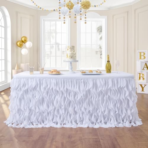 leegleri 14FT White Tutu Table Skirt for Rectangle&Round Tables-Tulle Curly Willow Table Skirt Decorations, White Ruffle Tablecloth for Wedding Bridal Shower Birthday Party Decorations by LeegleriTableSkirt