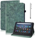 for Kindle Fire Max 11 Case (2023) - Embossed Lace PU Leather Flip Folio with Elastic Band & Card Slots, Multi-Angle Stand, Green by TUOLISG