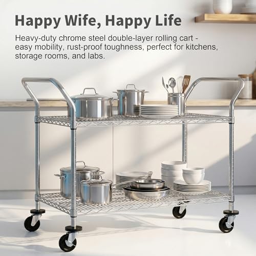 Finnhomy 2 Tier Commercial Grade Rolling Cart, Heavy Duty Utility Cart, Carts with Wheels and Handles, Kitchen Carts on Wheels, Metal Cart with 600 lbs Capacity, Shelf Size 23.6"Dx47.2"W x 39.4"H, NSF - Image 7