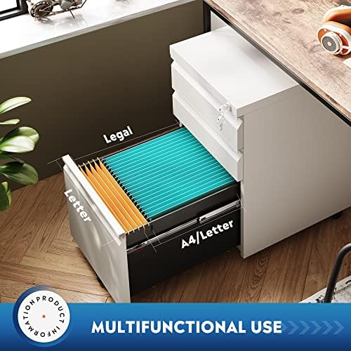 DEVAISE 3 Drawer Mobile File Cabinet with Lock, Under Desk Metal Filing Cabinet for Home Office/Legal/Letter/A4 File, Fully Assembled Except Wheels, White - Image 5