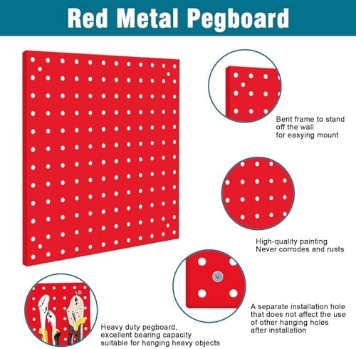 4 Pack Steel Peg Board,Universal 1/8 and 1/4 Pegboard Accessories,Ideal for Garage Tool Storage, Office Organization, Craft Room, Kitchen etc. (Red, 4-12X12) - Image 6
