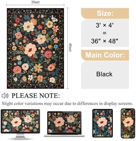 DUKINO 3x4 Area Rug, Floral Washable Rug for Kitchen Non Slip, Black - Image 2