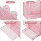 Marbrasse Desk Organizer with File Holder, 5-Tier Paper Letter Tray Organizer with Drawer and 2 Pen Holder, Mesh Desktop Organizer and Storage with Magazine Holder for Office Supplies(Pink) - Image 4