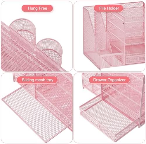 Marbrasse Desk Organizer with File Holder, 5-Tier Paper Letter Tray Organizer with Drawer and 2 Pen Holder, Mesh Desktop Organizer and Storage with Magazine Holder for Office Supplies(Pink) - Image 4
