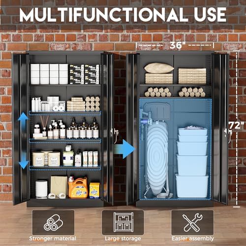 Greenvelly Metal Storage Cabinets 72” Black Garage Steel Storage Cabinet with Doors and Shelves, Metal Tool Cabinet, Steel File Cabinet for Home Office, Basement, Warehouse, Classroom（Anti Tipping） - Image 3