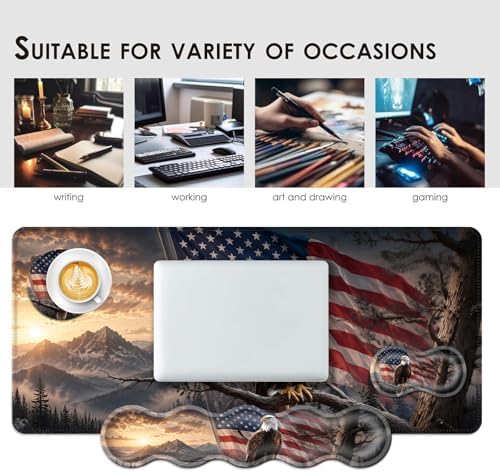 Large Keyboard Mouse Pad Set, Extended Mouse Pad+Keyboard Wrist Rest Support, Memory Foam Ergonomic Easy Typing, 4Pcs (31.5×11.8 in) Desk Pad Set for Office Home,Bald Eagle with American Flag - Image 7