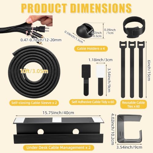 128 Pcs 15.75" Under Desk Cable Management Kit, Cord Organizer Desk Wire Management System, Wire Tray, Clips, Ties, Sleeve, Loom Tubing for Home Office, Gaming, TV, Computer Setup - Image 2