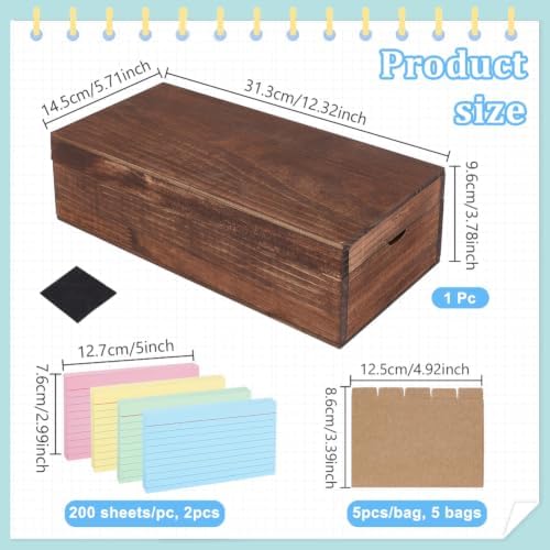 UNICRAFTALE 1 Set Rectangle Index Card Organizer Box Wooden Grid Storage with 200 Cards & 20 Dividers Note Card Holder for Study Office Business Home 12.28x5.71x3.74 Inch - Image 3