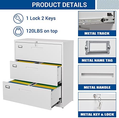 Fesbos Lateral File Cabinet with Lock, 3 Drawer Large Metal Filing Cabinet,Home Office Lockable Storage Cabinet for Hanging Files Letter/Legal/F4/A4 Size-Assembly Required - Image 6