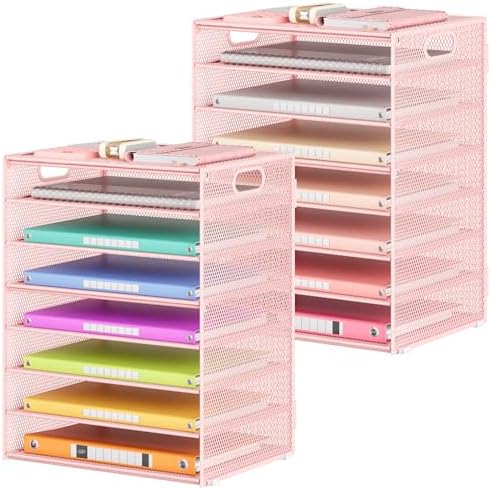 Lavatino 2 Pack 8-Tier Office Desk File Organizer, Letter Tray Paper Organizer with Handle, Including 5 Adjustable Slide Trays for Organizing Desk Workspace Accessories and Supplies (Pink Mesh) by Lavatino