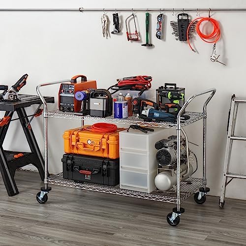 Finnhomy 2-Tier Commercial Grade Rolling Cart, Heavy Duty Utility Cart, Carts with Wheels and Handles, Kitchen Cart on Wheels, Metal Serving Cart with 700 lbs Capacity, Shelf Size 24" D x 48" W, NSF - Image 5