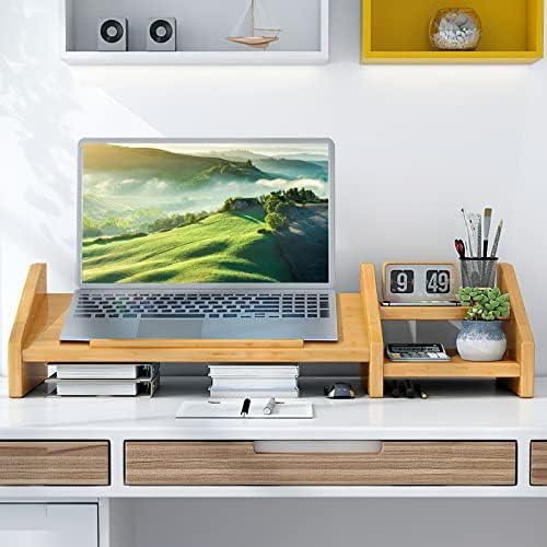Ufine Bamboo Laptop Stand for Desk with Storage Computer Monitor Riser - Image 2