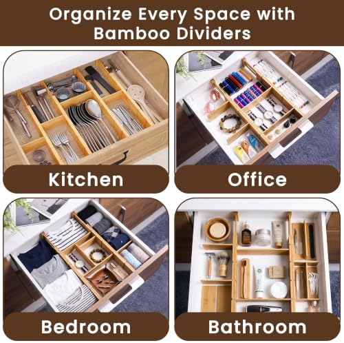 6 Pack Bamboo Drawer Dividers with 12 Inserts, Adjustable 17–22 Inch Expandable Drawer Organizer for Kitchen, Dresser & Closet, Bamboo Kitchen Drawer Organizer, Drawer Divider Set - Image 5