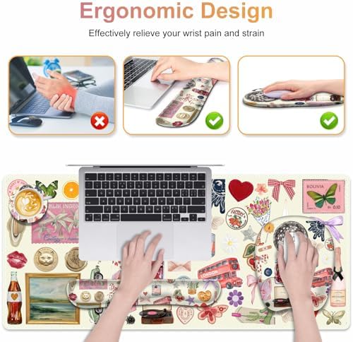 Beige Mouse Pad with Wrist Support 4 in1 Set, XXL Big Game Mousepad + Keyboard Wrist Rest + Mouse Wrist Rest Pad +Coaster Gaming Mat for Home Office Work Computer I Cute Design Stickers - Image 2
