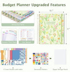 Ospelelf Budget Planner and Monthly Bill Organizer, Spiral Bindding Money Expense Tracker with Pockets & Stickers, 9" X 11" Large Pages for Spacious Writing, Original Fun Colorful Design, 12 Month Financial Notebook Green Floral - Image 2
